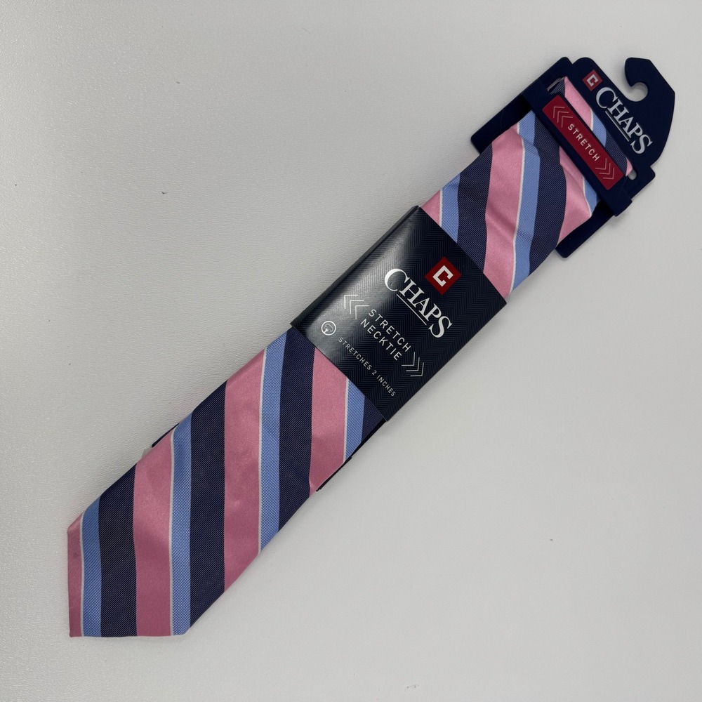 Chaps Mens Stretch Necktie Navy Pink Niles Stripe Silk Blend Tie